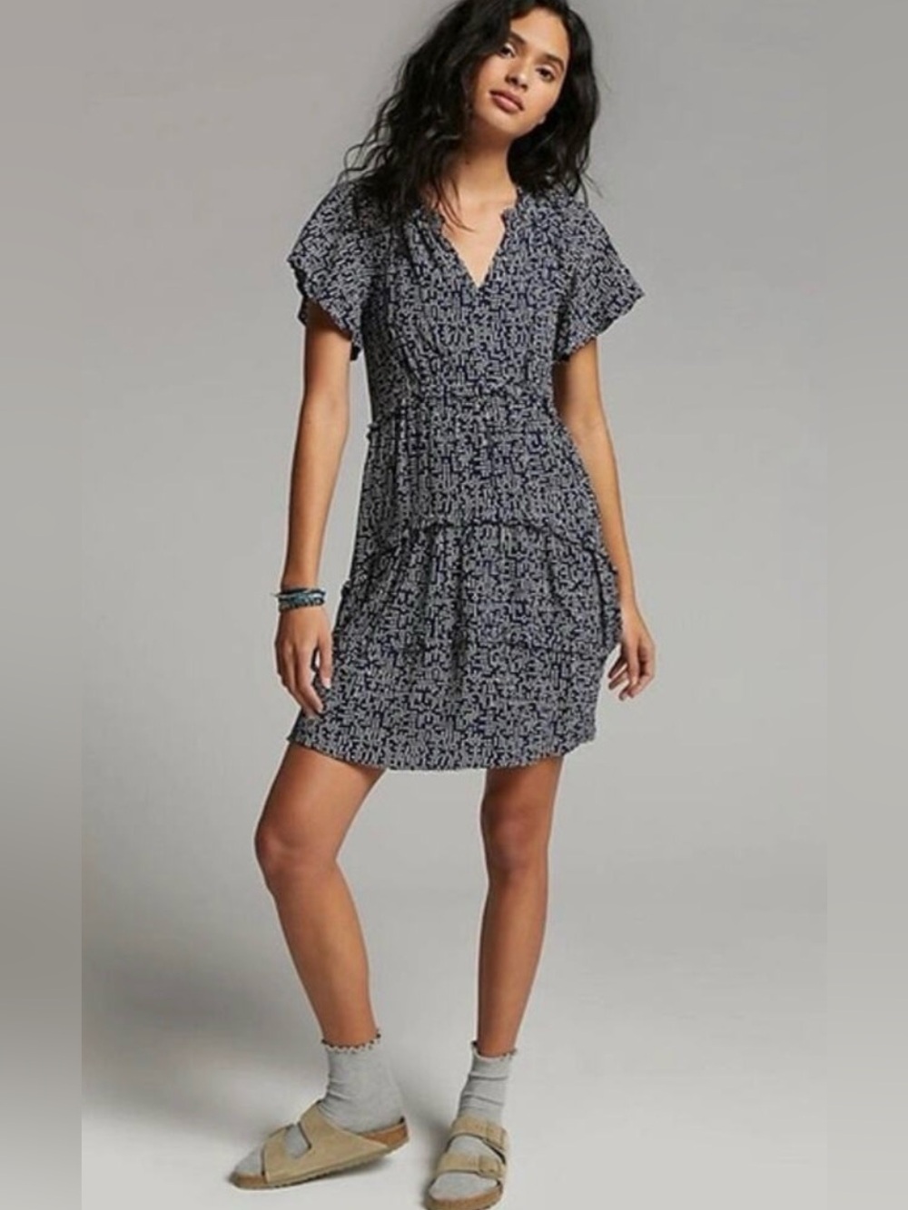 Anthropologie Robin Tiered Ruffle Mini Dress In Navy White Dot Size Medium